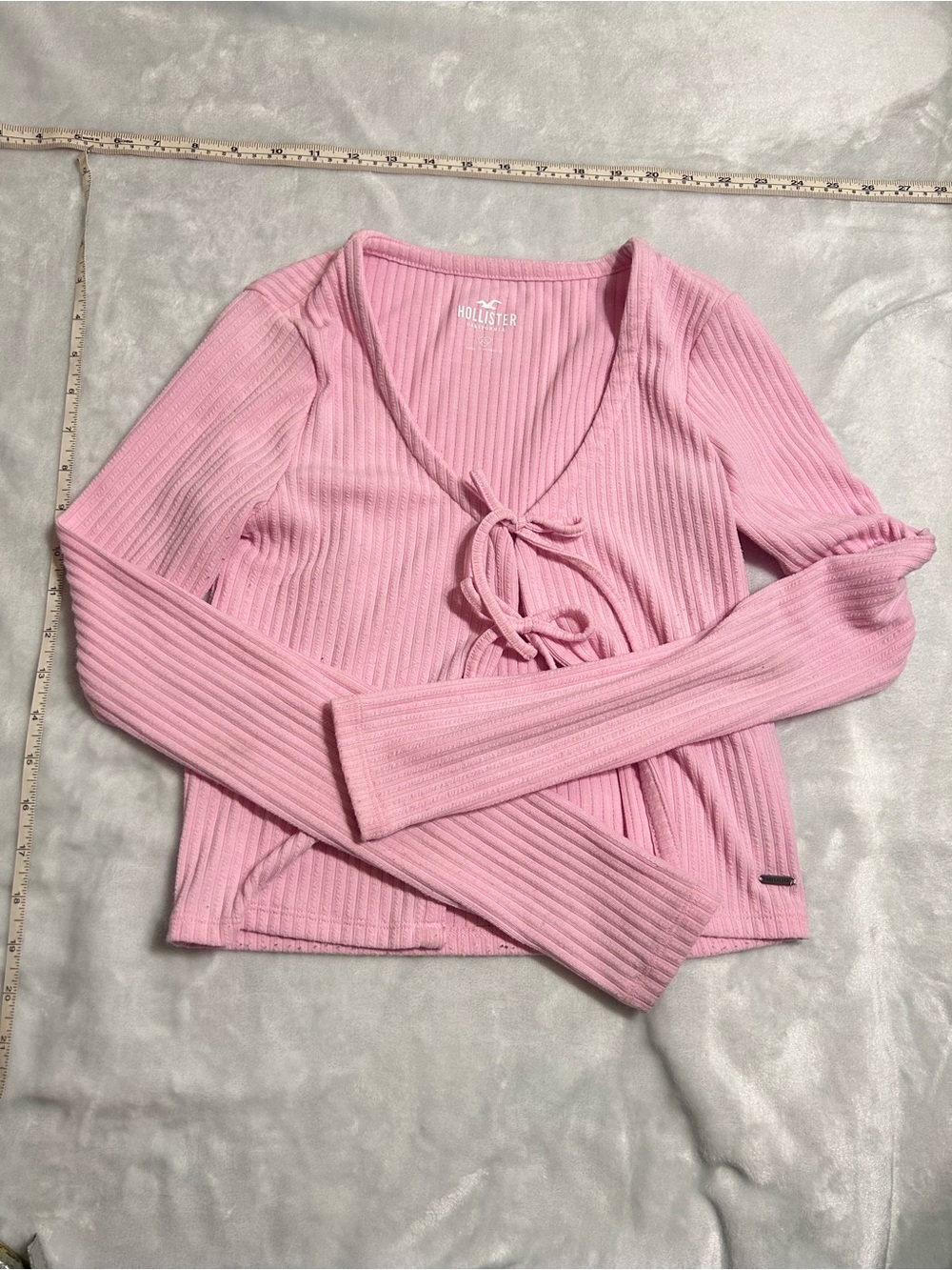 Hollister Light Pink Ribbed Tie-Front Long Sleeve Top
